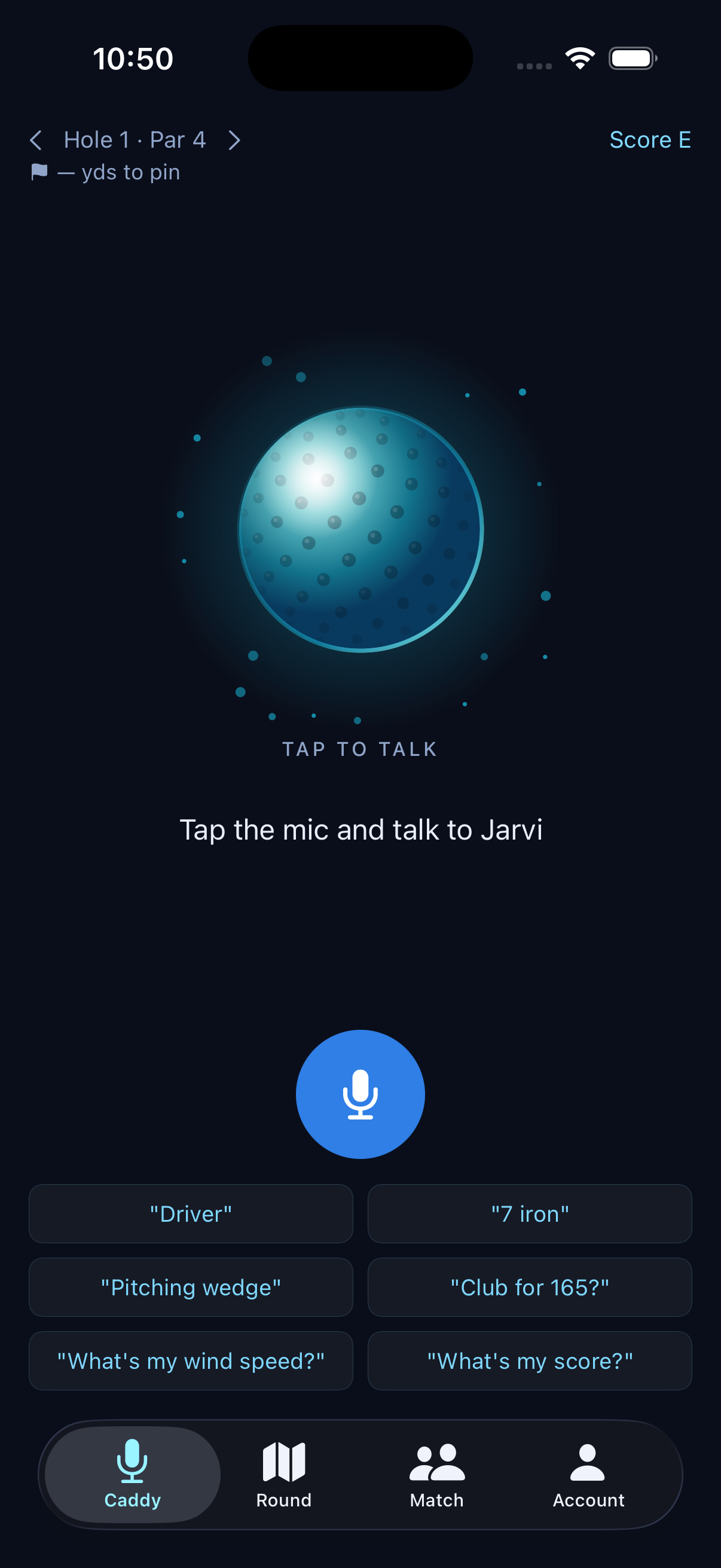 Golf Jarvi caddy screen with the listening orb and voice prompts
