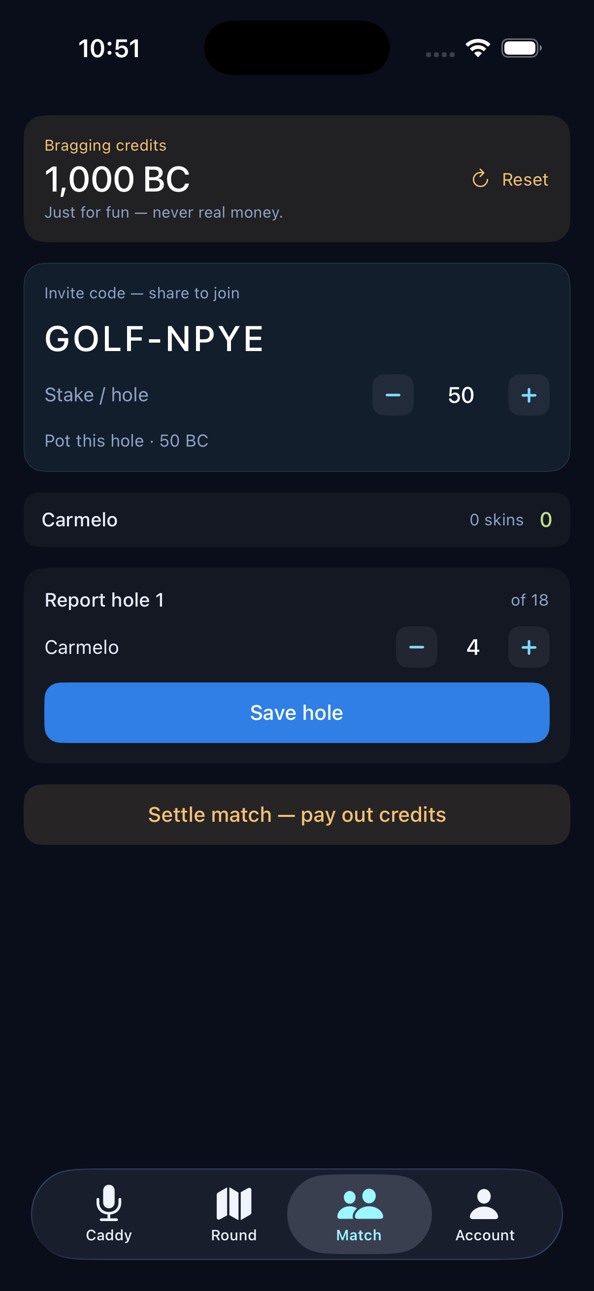Golf Jarvi match screen with invite code, stakes and skins