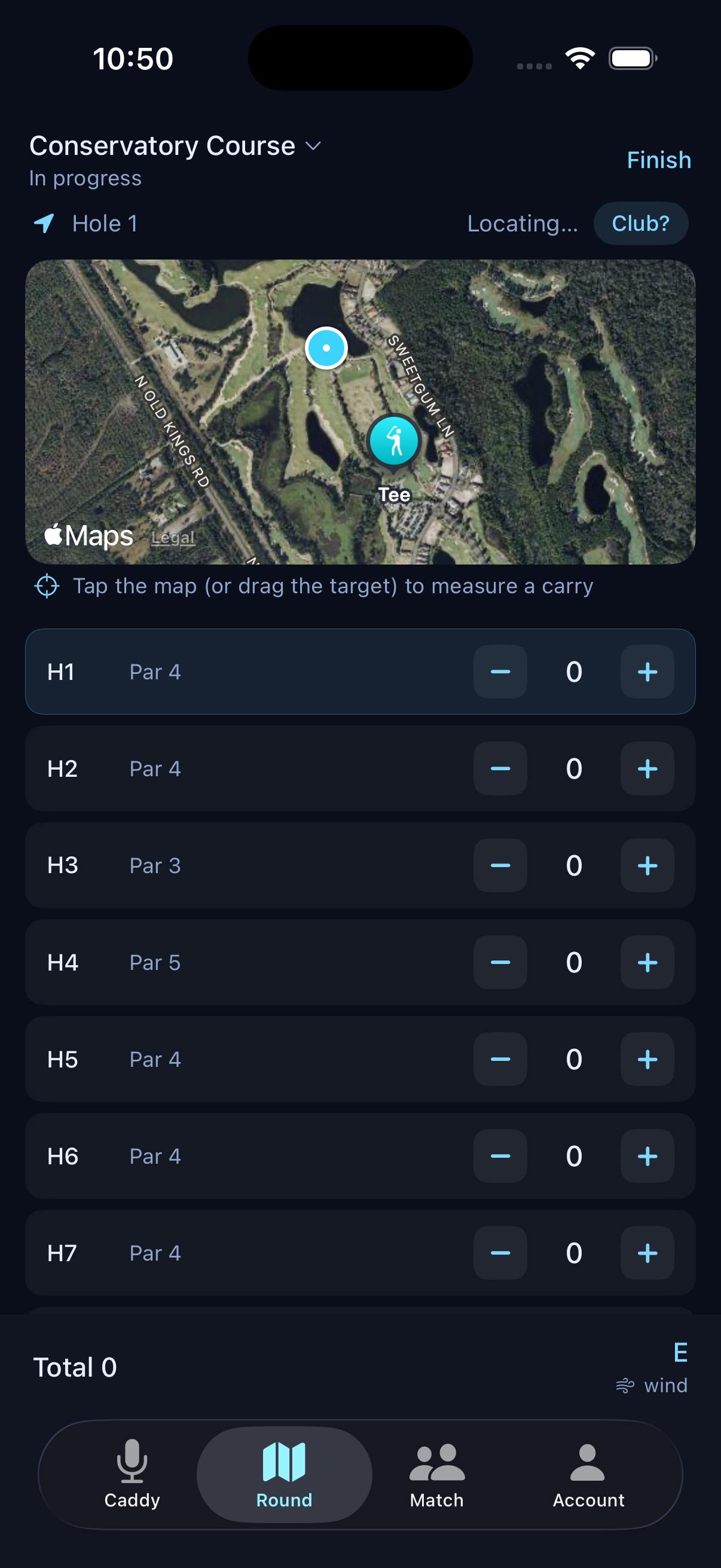 Golf Jarvi round screen with a satellite map and tap-free scorecard